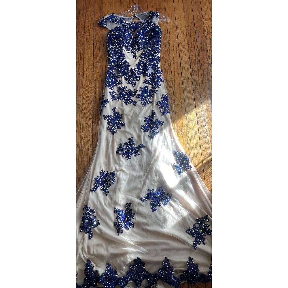 Angela & Alison Dress Womens 4 Blue Beaded Mesh Gown Open Back Formal - Picture 2 of 6